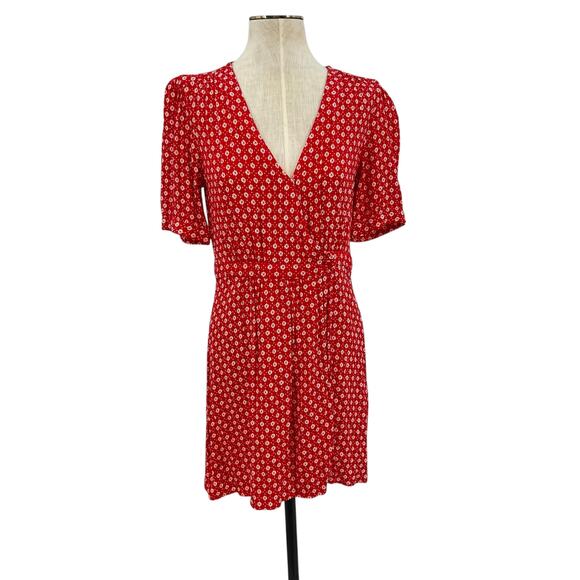 ba&sh Charlie Dress Wrap Crepe Short Sleeve Floral Print Red White Size 2 US 8 - Picture 2 of 14